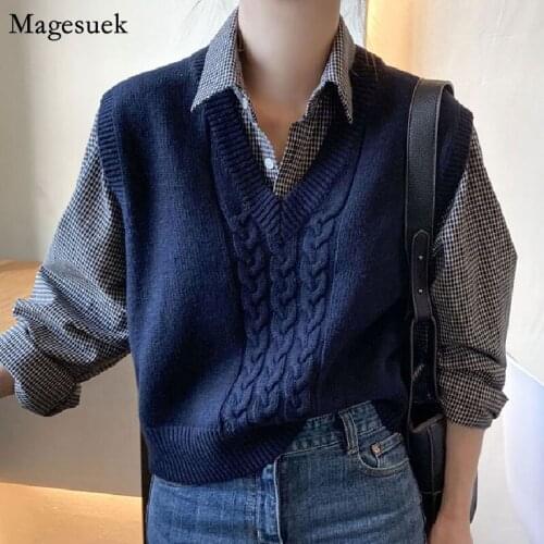 Sleevless Knitted Sweater Vest Women Autumn and Winter Pullover Women Sweaters Casual Loose V-neck Lady Sweater Pull Femme 16349