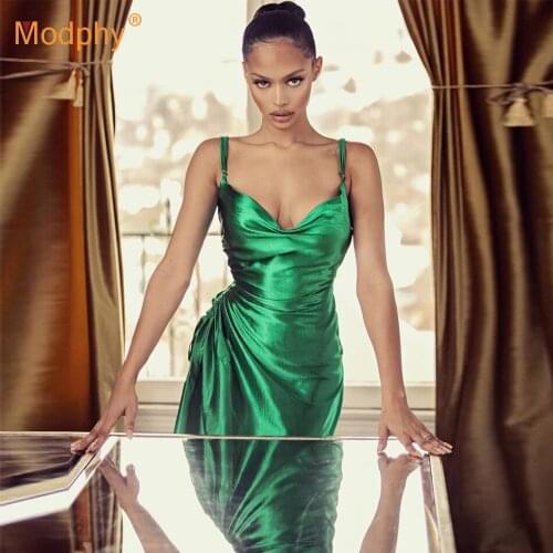 2020 Autumn New Womens Satin Slit Bodycon Dress Sexy Sleeveless Spaghetti Strap Draped Club Evening Party Dress Vestidos