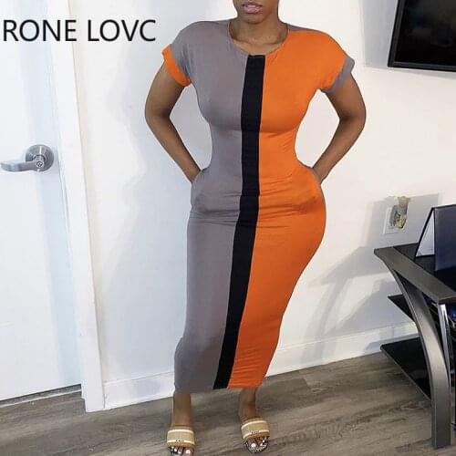 Women Elegant Fashion Contrast Side Pocket Maxi Dress Bodycon Casual Dress