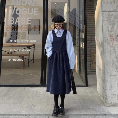 2020 Female Korean Kawaii Cute Retro Loose Corduroy Loose Dress Womens Dresses Japanese Harajuku Ulzzang Clothing For Women