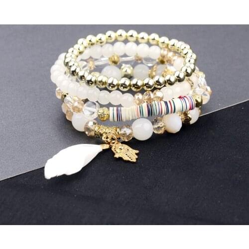 4pcs/set Fashion Boho Bracelets&Bangles Women Stone Beaded Bracelet Set With Feather Elastic Bracelet For Women