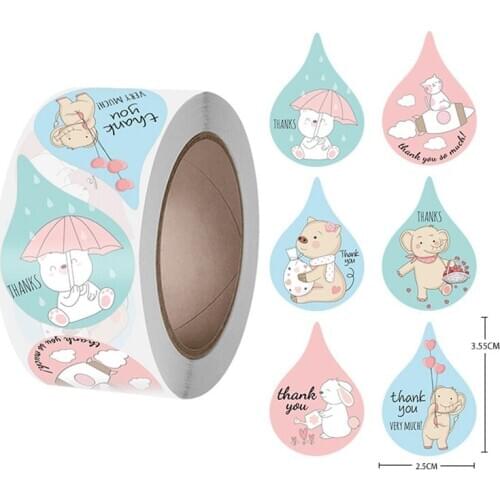 500pcs 1 Inch Drop Shape Cartoon Animals Thank You Stickers for Children Gift Box Tag Cat Pig Elephant Dino Sheep Rabbit Decor