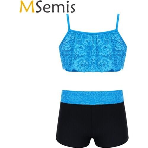 Girls Ballet Gymnastics Workout Tankini Dance Outfit Spaghetti Shoulder Straps Floral Lace Crop Tops and Shorts sets dancewear