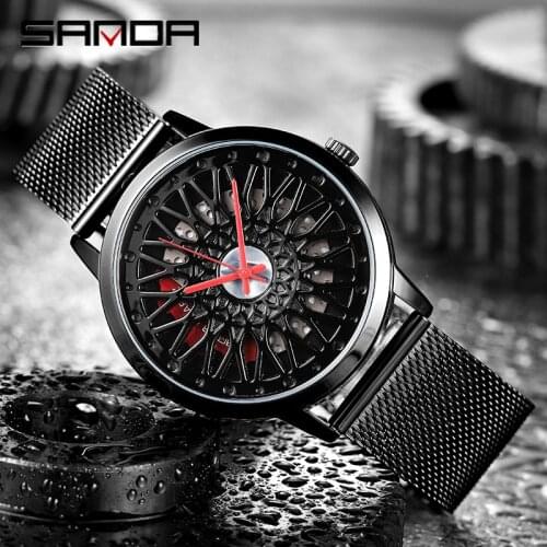 SANDA 2021 New Quartz Watch Mens Creative Hollow Wheel Dial Mesh Steel Band Waterproof Sports Watch Cool Man Relogio P1060