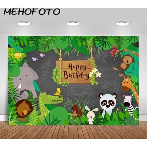 MEHOFOTO Jungle Safari Backdrop Animals Birthday Party Banner Photo Background Woodland Kid Happy Birthday Photography Backdrop