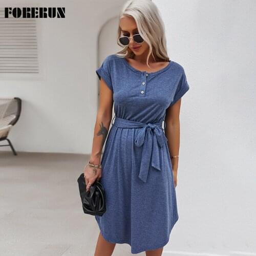 FORERUN Summer Dresses With Buttons