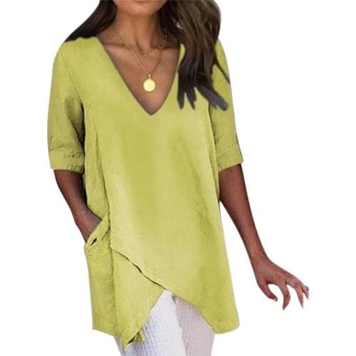 Summer V-neck T-Shirts Women Casual Lady Irregular Solid Color Midi Sleeve Loose T-Shirt Fashion Top Ladies Clothing