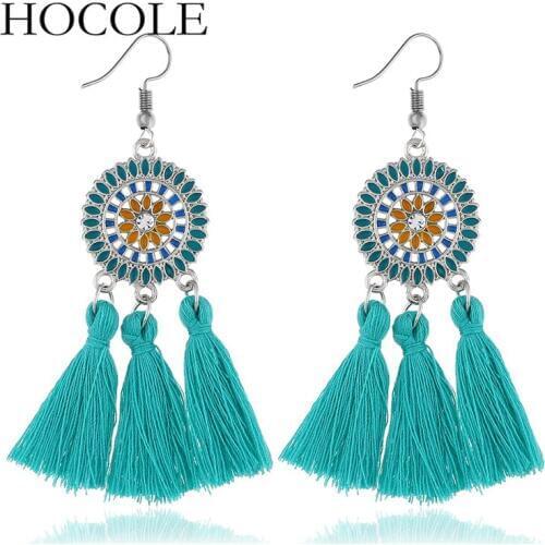 HOCOLE New Statement Cotton Tassel Earrings Bohemia Fashion Hollow Flower Hanging Drop Earrings Wedding Womens Jewelry