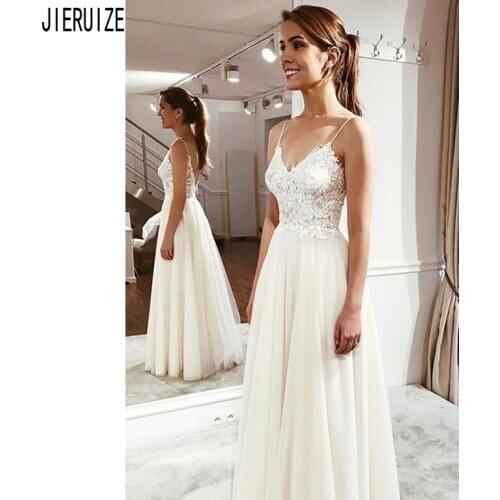 JIERUIZE Beach Wedding Dresses Spaghetti Straps Lace Appliques Boho Bride Dresses Backless Wedding Gowns vestido de noiva