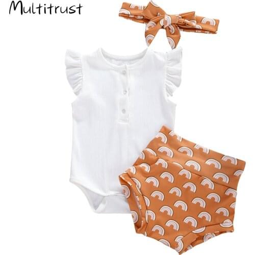 Multitrust 2020 Baby Girl Clothes Sets Summer Baby Girls Ruffles Short Sleeve Romper Tops + Sunflower Printed Shorts + Headband