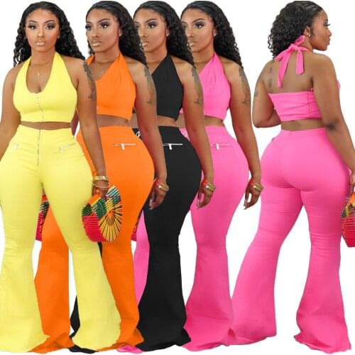 Echoine Autumn Women Two Pieces Set Tracksuits Halter Neck Crop Tops and Flare Bellbottom Pants Suit Fitness Outfits Matching