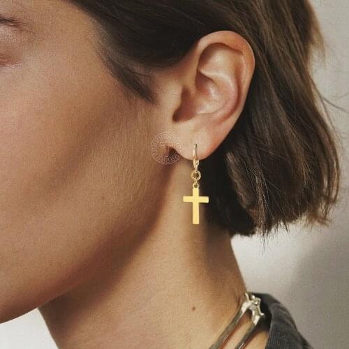 Cross Pendant Earrings For Men Women Simple Gold Color Stainless Steel Dangle Drop Earrings Christian Punk Jewelry Gifts LKE209