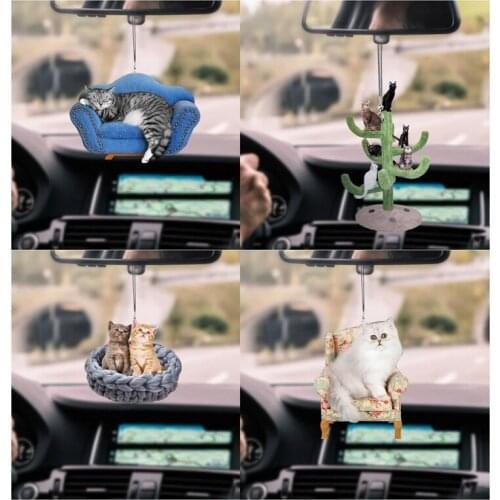 Cute Funny Cat Hanging Ornaments Car Decor Acrylic Kittens Hang Decorations For Auto Inside Rearview Mirror Pendant Room Decor