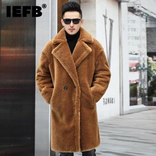 IEFB Mens Winter New Thickened Long Windbreaker Warm Faux Fur Coat Fashion Casual 2021 Tide Cloth Lapel Double Breastead 9Y9456