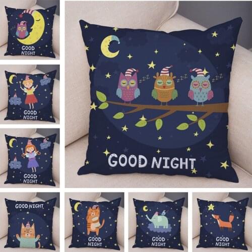 Good Night Lovely Cartoon Animal Cushion Cover for Children Room Sofa Cute Cat Fox Owl Pillowcase Soft Plush Pillow Case 45x45cm