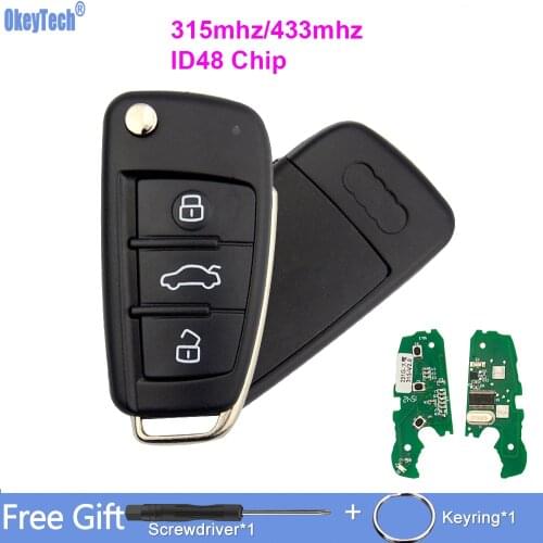 OkeyTech 3 Buttons Flip Folding Remote Car Key For Audi A2 A4 S4 Cabrio Quattr A6 A6L 315/433mhz ID48 Chip With Uncut Blade