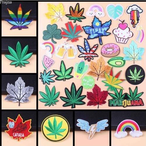 Prajna Maple Leaves Patches For Clothing Iron On Embroidered Patches Stripes Patch Stickers On Clothes Cartoon Rainbow Badge DIY