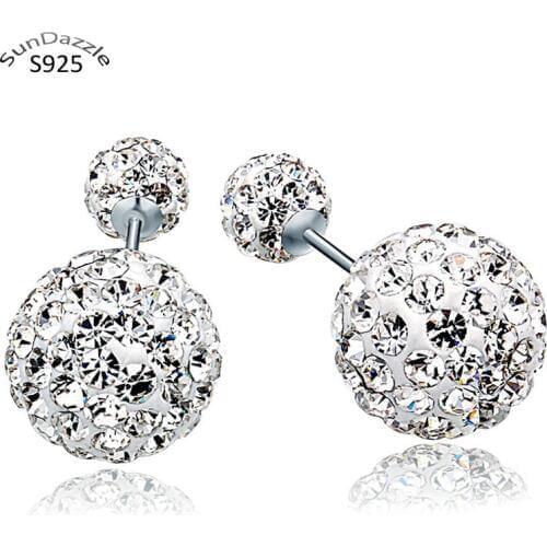 Real Pure Solid 925 Sterling Silver Stud Earrings for Women Jewelry Double Sided Crystal Ball Cubic Zircon Female Earrings Charm