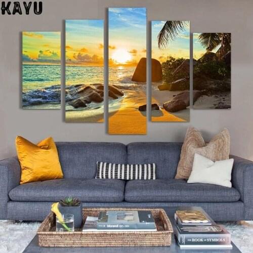 Modern Home Wall Art Decor Frame Modular Canvas Oil Pictures HD Print Painting 5 Panel Ocean Sunset Beach Seascape Poster PENGDA