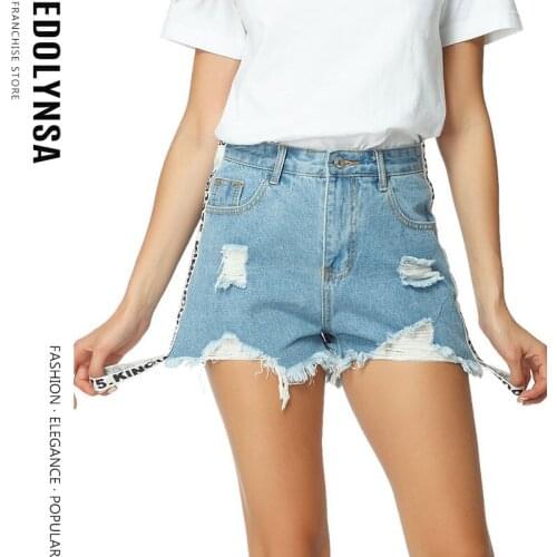 Light Blue Fly Frayed Edge Denim Shorts High Waist Zipper Lettering Edge Jeans Short Streetwear Chic Hole Ladies Shorts Y129