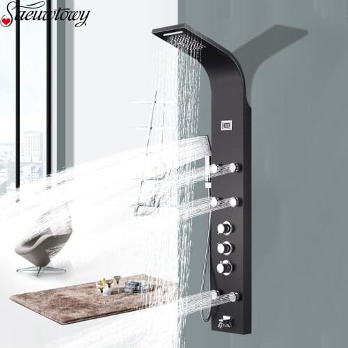 Thermostatic Brushed Nickel Bathroom Shower Faucet Panel Column Bathtub Mixer Digital Display Hot And Cold Water Spout Faucet
