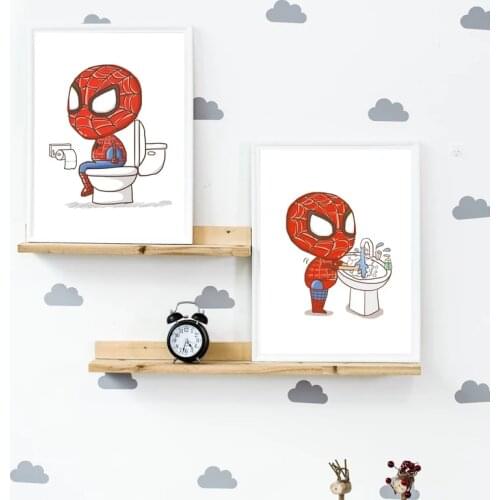 Funny Superhero Cartoon Bathroom Canvas Print Painting Brushing Bathroom Wall Art Print Poster Boy Bathroom Mural Decoration