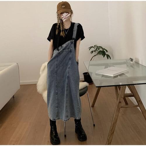 Small suspender dress womens summer 2021 new loose reduced age mid long split denim strap skirt fashion