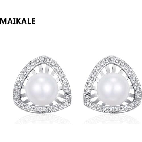 MAIKALE Classic Stud Earrings With Pearl Plated Gold Silver Color AAA Cubic Zirconia Simple Korean Earrings For Women To Friend