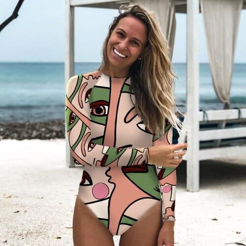 Women Abstract Face Line Drawing Print High Neck One Piece Slimming One Piece Swimsuit Push Up Swimwear Long Sleeve Beachsuit
