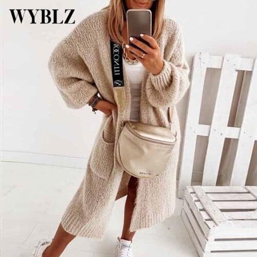 WYBLZ Women Knitted Cardigans Sweater Fashion Autumn Long Sleeve Loose Coat Casual Thick Warm V Neck Solid Long Female Tops 2021