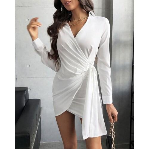 Women Long Sleeve Sexy Bodycon Mini Dress Autumn Winter Basic V-neck Collar Ruched Slim White Party Club Short Dress Vestidos