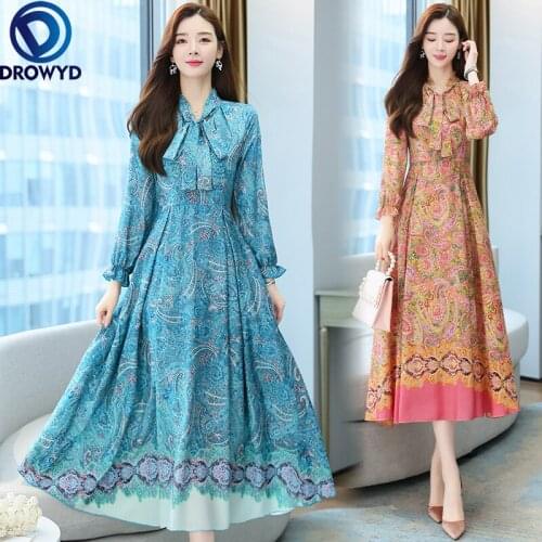 Autumn Winter Vintage Floral Midi Dress Casual Chiffon Boho Beach Maxi Dress 2021 Women Party Long Sleeve Bodycon Blue Vestidos