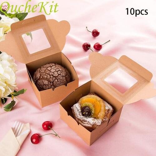 10pcs Large Kraft Paper Packaging Boxes With Window Handmade Baking Dessert Square Cake Box Wedding Birthday Party Gift Packing