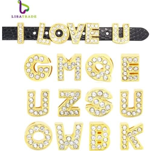 130PCS 10MM Gold Rhinestone Slide Letters English Alphabet A-Z Fit Wristband /Pet Name Collar Dog Collar LSSL08*130