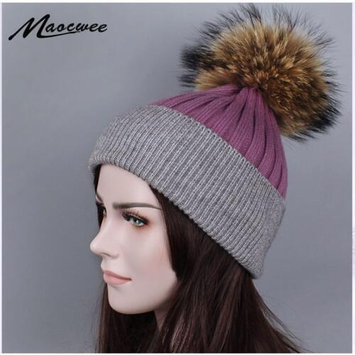 2018 High Quality Winter Natural fur Hat Women Knitted Hat Women Hat Winter Skullies Beanies Fashion Winter Pom Poms Female Bone