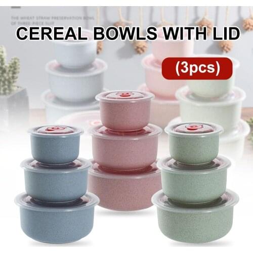 3pcs/Set Bowl Wheat Straw Environmental Protection Bowl Household Rice Salad Noodle Eco friendly Tableware with Lid 300/500/900