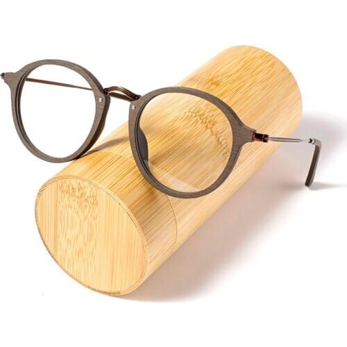 AZB Wood Retro Frame Round Eyeglass Frames Prescription Optical Men Women Glasses accessories Tnsparent Lens Oculos De Grau
