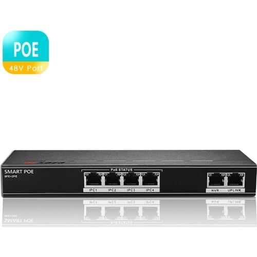 BESDER 802.3af/at 4CH POE Switch 6 Port 10/100 Mbps Ethernet Switch 250 signal transmission 4 POE Ports 1 NVR+ 1 Uplink Port