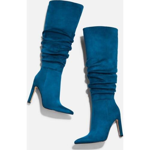 Slouchy Stiletto Boot Suede Knee High Solid Blue Side Zipper Pointed Toe Winter Woman Shoes Pleated Casual Dress Office Lady