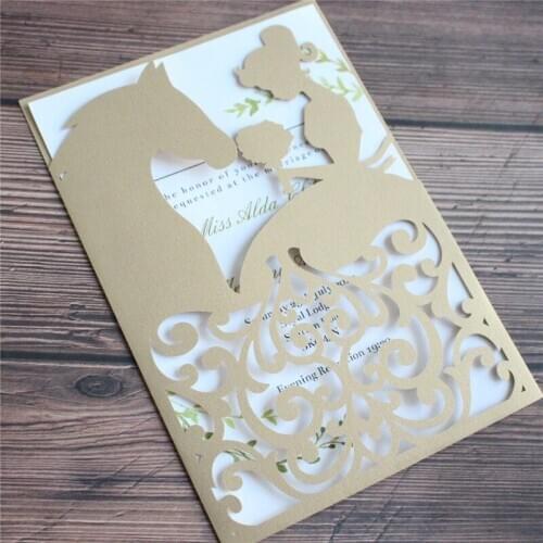 Champagne wedding bridal shower invitation card horse girl flower hollow laser cutting 50pcs