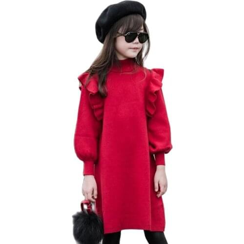 Children Kids Girls Clothes Red Spring Knitted Ruffles Teen Girls Long Sleeve Sweater Dresses 4 5 6 7 8 9 10 11 12 13 14 Years