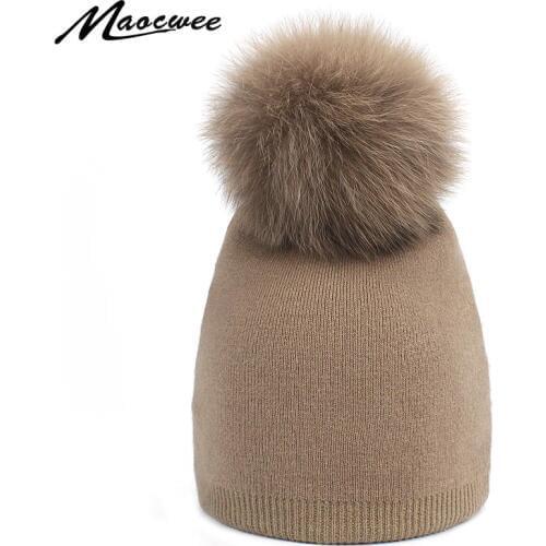 Children Girl Pom Pom Beanie Warm Knitted Bobble Kids Fur Pom Pom Hat Children Real Fox Raccoon Fur Pompon Winter Hat Cap