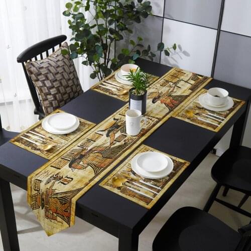 Ancient Egypt Retro Totem Mural Table Runner Set Cotton Linen Mat Tablecloth Dining Table Decor Wedding Table Decoration