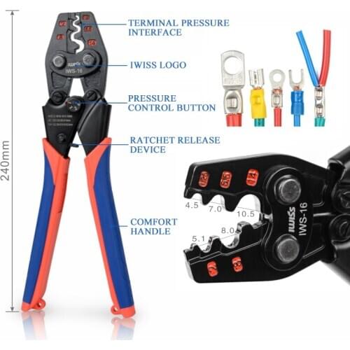 IWS-16 crimper plier IWISS Ratchet Crimping Tool for Non-Insulated Terminals AWG 22-6 Polished Jaw Pressure regulating device