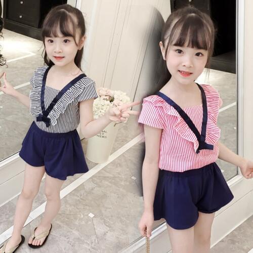 2018 Girl Summer Clothing Set Lace Collar Striped T shirt+shorts 2pcs Casual Sets Girls Children Fashion Clothes Suits for 4-14T