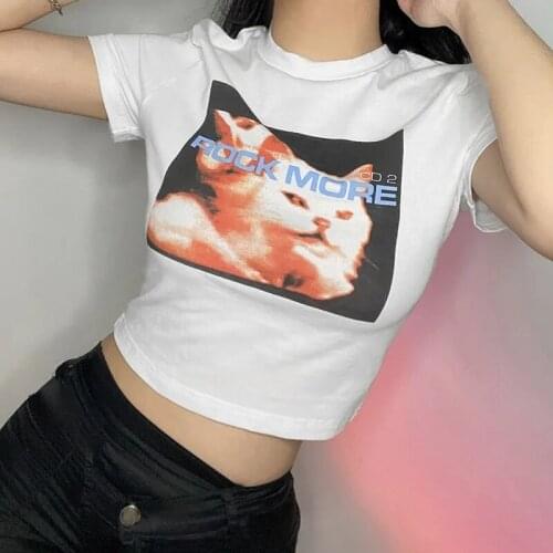 Summer Cute Cat Cartoon Casual Graphic Harajuku Vintage Short Crop Top 90s Y2K Kawaii Print Fun Chic Gothic Women Slim T-Shirt