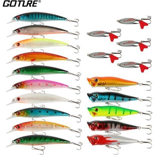 Goture 20 Pieces/set Fishing Lure Set 10pcs Wobblers+5pcs Slide Spoon+5pcs popper baits Kit for sea bass fishing