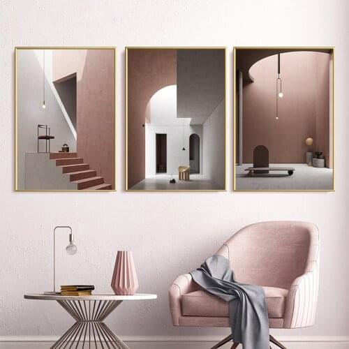 Modern Pink Obsession Stairs Atriums Interior Canvas Painting Poster and Print Wall Art Picture Poster Living Room Home Decor