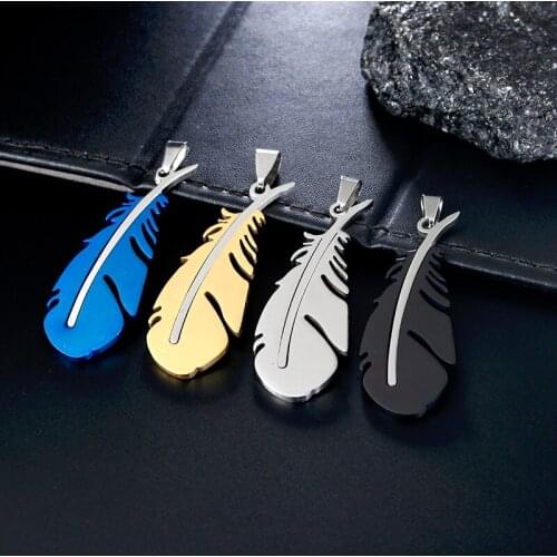 New Men Womens Jewelry Cool Stainless Steel Blue/Black/Gold Feather Pendants Necklaces With Beads Chain Gifts MN272