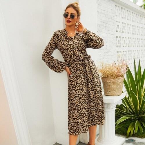 2021 autumn new ladies dress leopard print long-sleeved waist temperament mid-length skirt Fashion woman clothing WE400